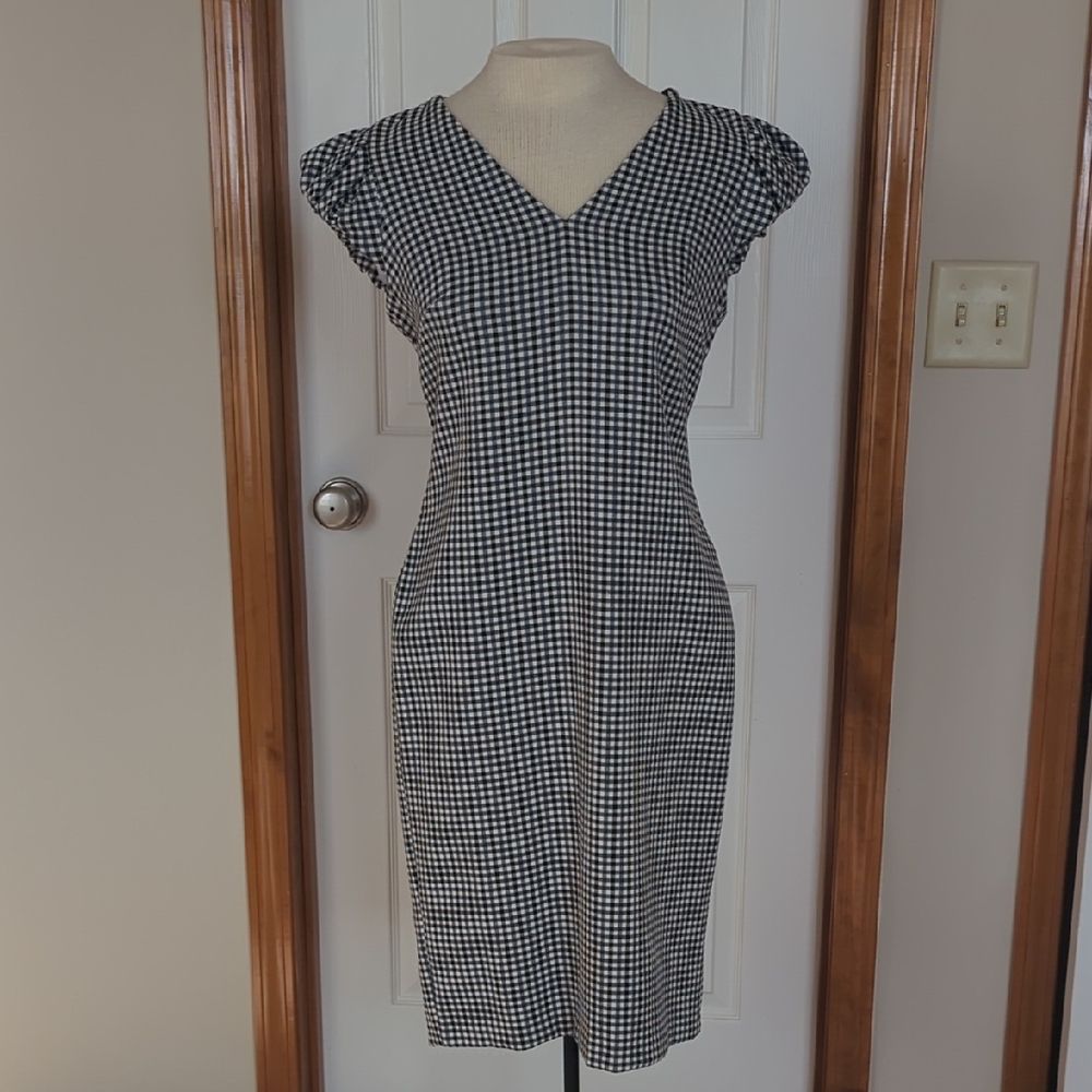 Calvin Klein Blue And Black Gingham Puff Sleeved Pencil Dress